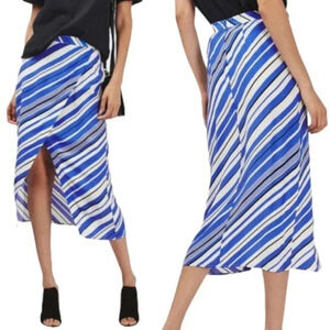 Topshop Blue Diagonal Stripe Faux Wrap Midi Skirt Size 0
